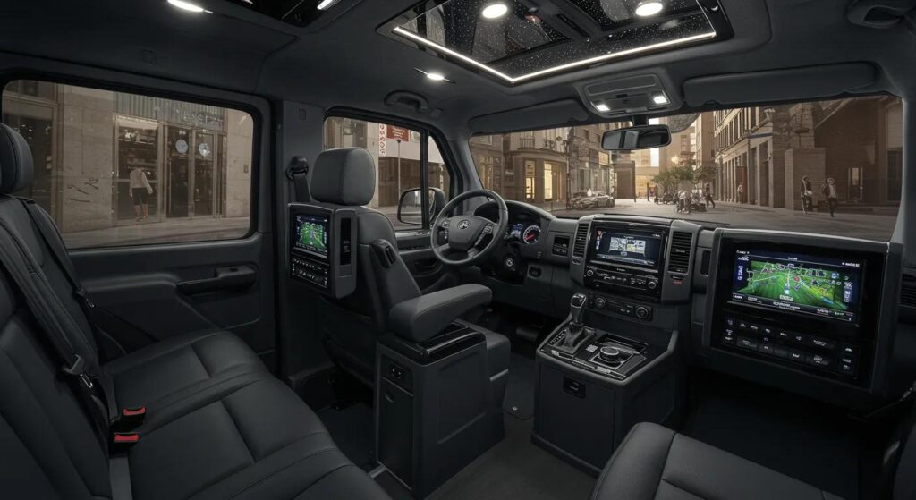 a luxurious premium sprinter van interior showcases high-quality leather seating, advanced entertainment systems with hd screens, and a sleek climate control panel, all set against a modern urban backdrop.