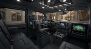 a luxurious premium sprinter van interior showcases high-quality leather seating, advanced entertainment systems with hd screens, and a sleek climate control panel, all set against a modern urban backdrop.