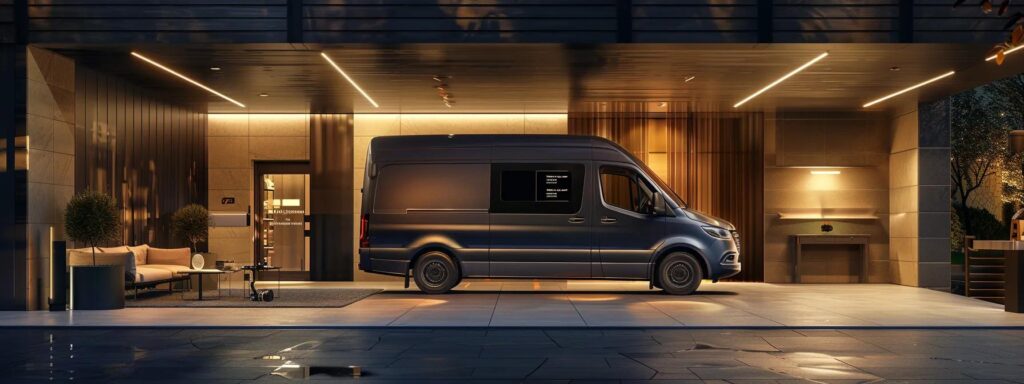 a sleek, modern sprinter van parked in front of a stylish urban rental office, showcasing its elegant design and amenities while a digital screen displays customer reviews and ratings prominently in the background.