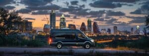a sleek, modern premium sprinter van parked in front of a stylish austin cityscape, illuminated by warm evening lights, showcasing its versatile design for diverse travel needs.