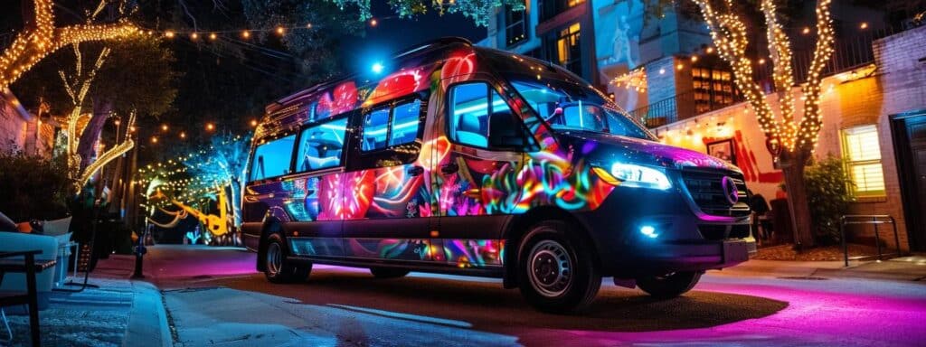 a sleek sprinter van, adorned with vibrant custom decor and illuminated by creative lighting, is parked in a lively austin urban setting, ready to transport a group of excited passengers embarking on a winery tour or celebratory outing.